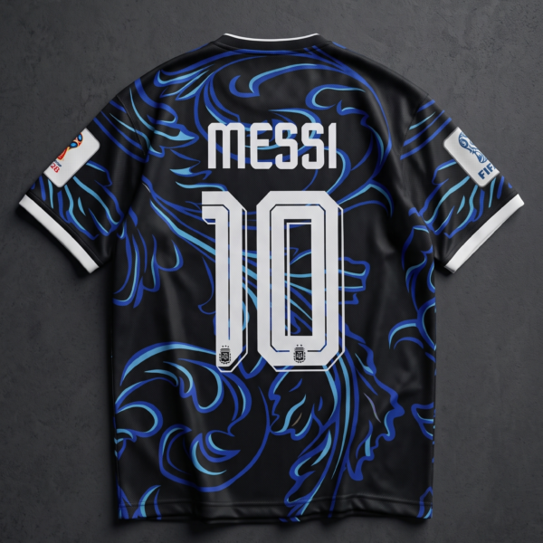 Back view of the black and blue Argentina baroque concept kit displaying Lionel Messi and his iconic number 10 in white block lettering.