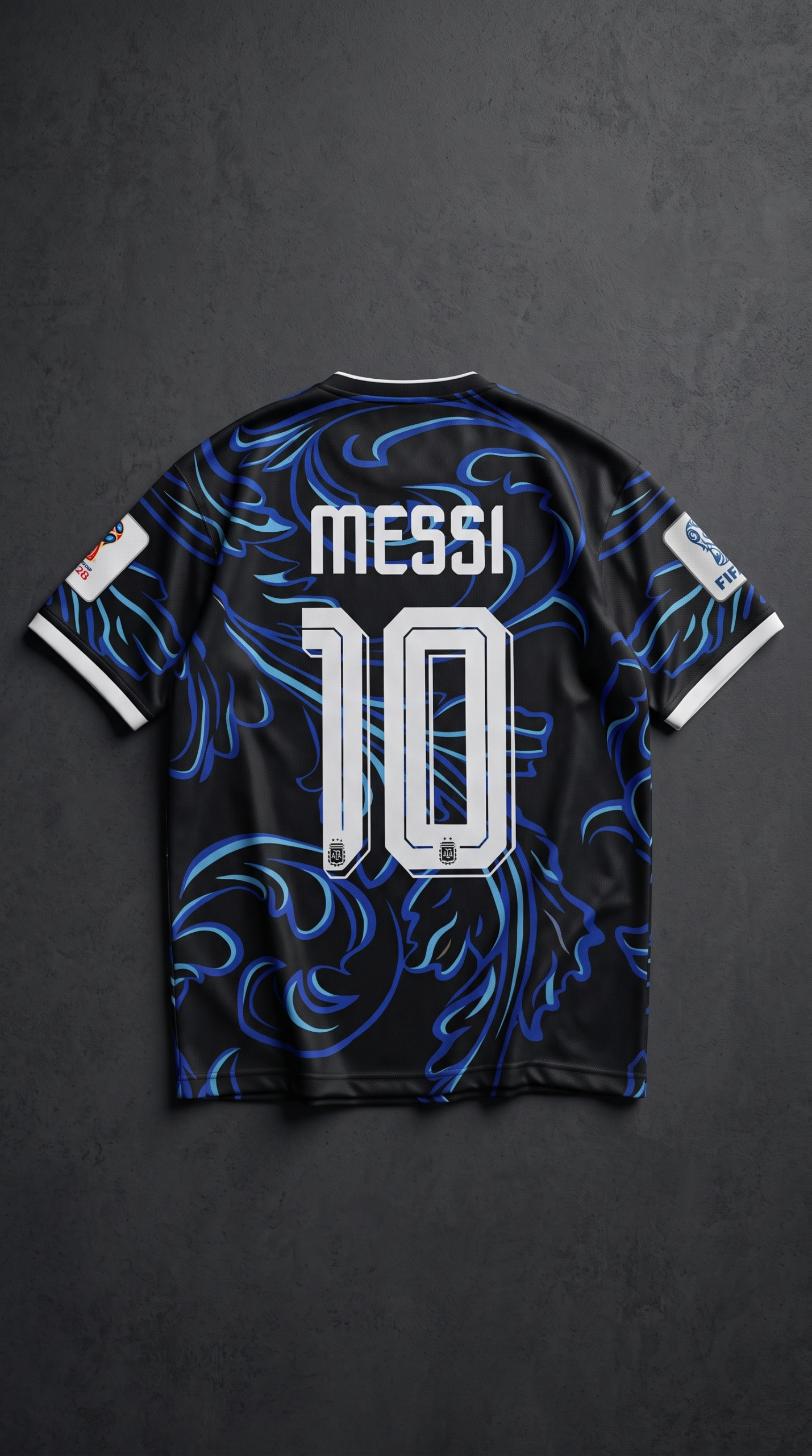Back view of the black and blue Argentina baroque concept kit displaying Lionel Messi and his iconic number 10 in white block lettering.