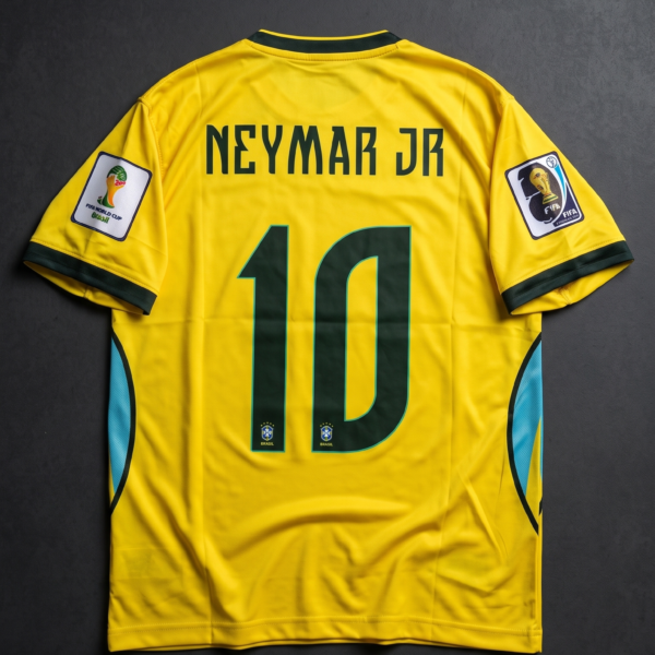 Back view of the yellow Brazil concept kit showcasing Neymar Jr and his iconic number 10 in custom dark green block lettering with tournament sleeve patches.