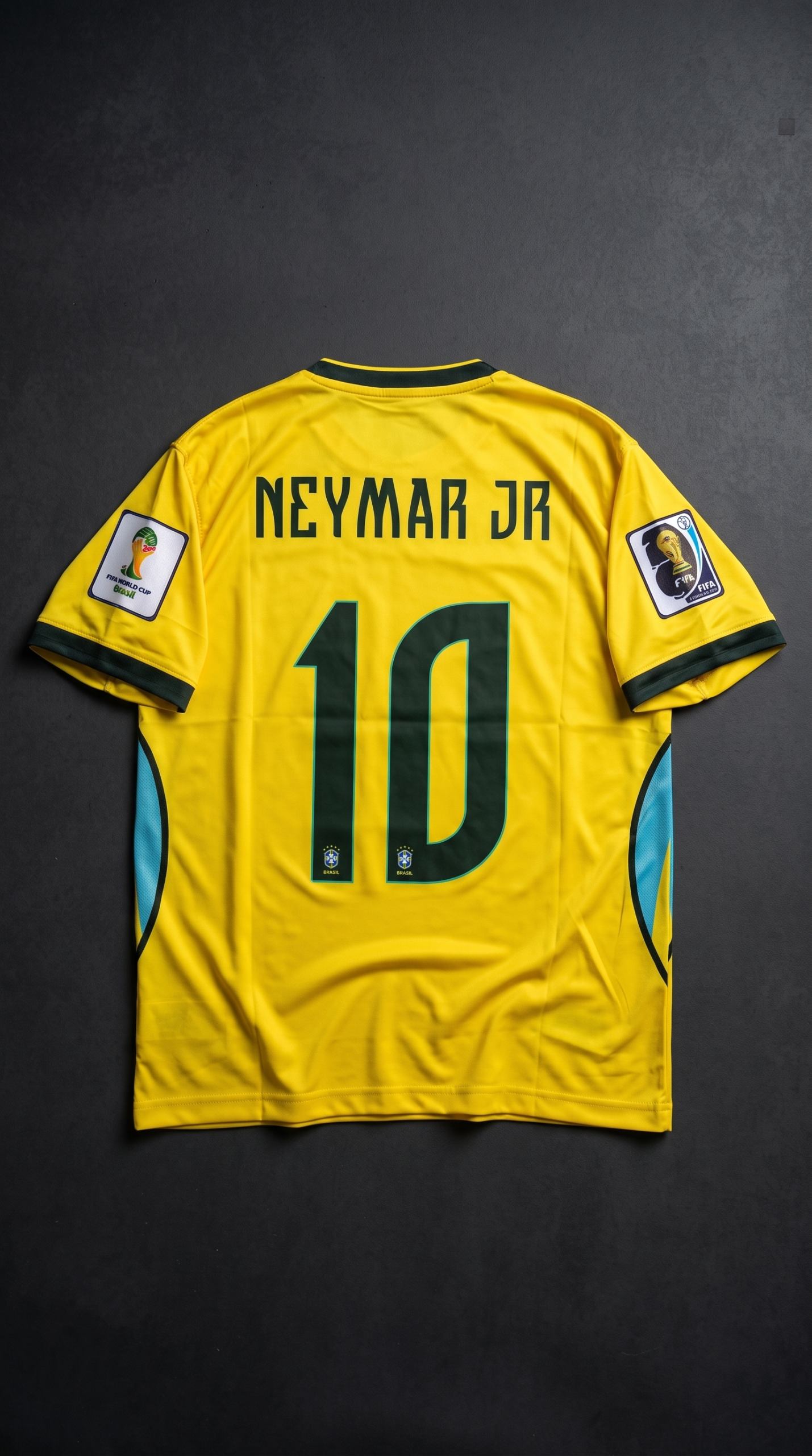 Back view of the yellow Brazil concept kit showcasing Neymar Jr and his iconic number 10 in custom dark green block lettering with tournament sleeve patches.