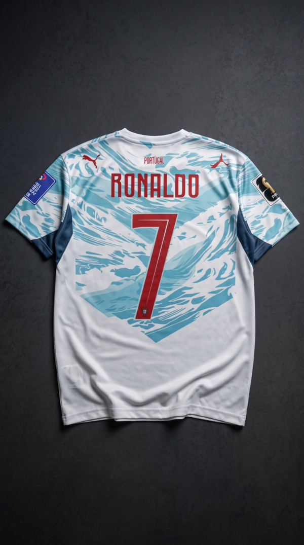 Back view of the Portugal ocean wave concept kit displaying Ronaldo and his iconic number 7 in bold red lettering.