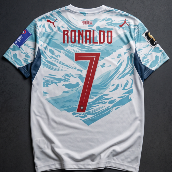 Back view of the Portugal ocean wave concept kit displaying Ronaldo and his iconic number 7 in bold red lettering.