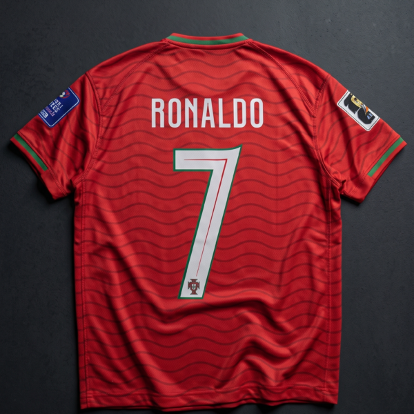 Back view of the red Portugal wavy concept kit showing Ronaldo and his iconic number 7 with custom green and red border accents.