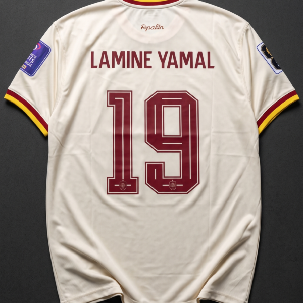 Back view of the cream Spain retro concept kit displaying Lamine Yamal and his number 19 in classic maroon inline lettering.