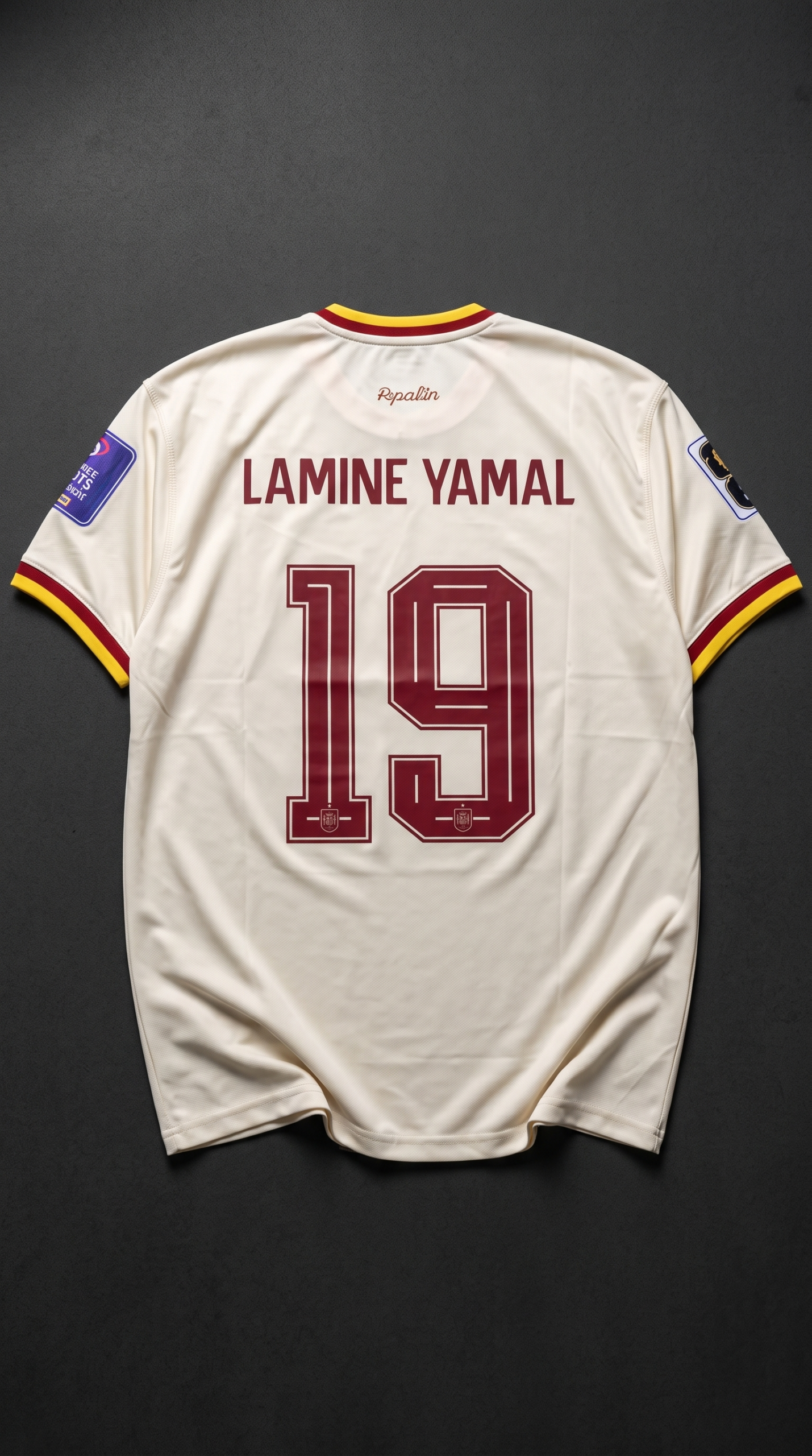 Back view of the cream Spain retro concept kit displaying Lamine Yamal and his number 19 in classic maroon inline lettering.