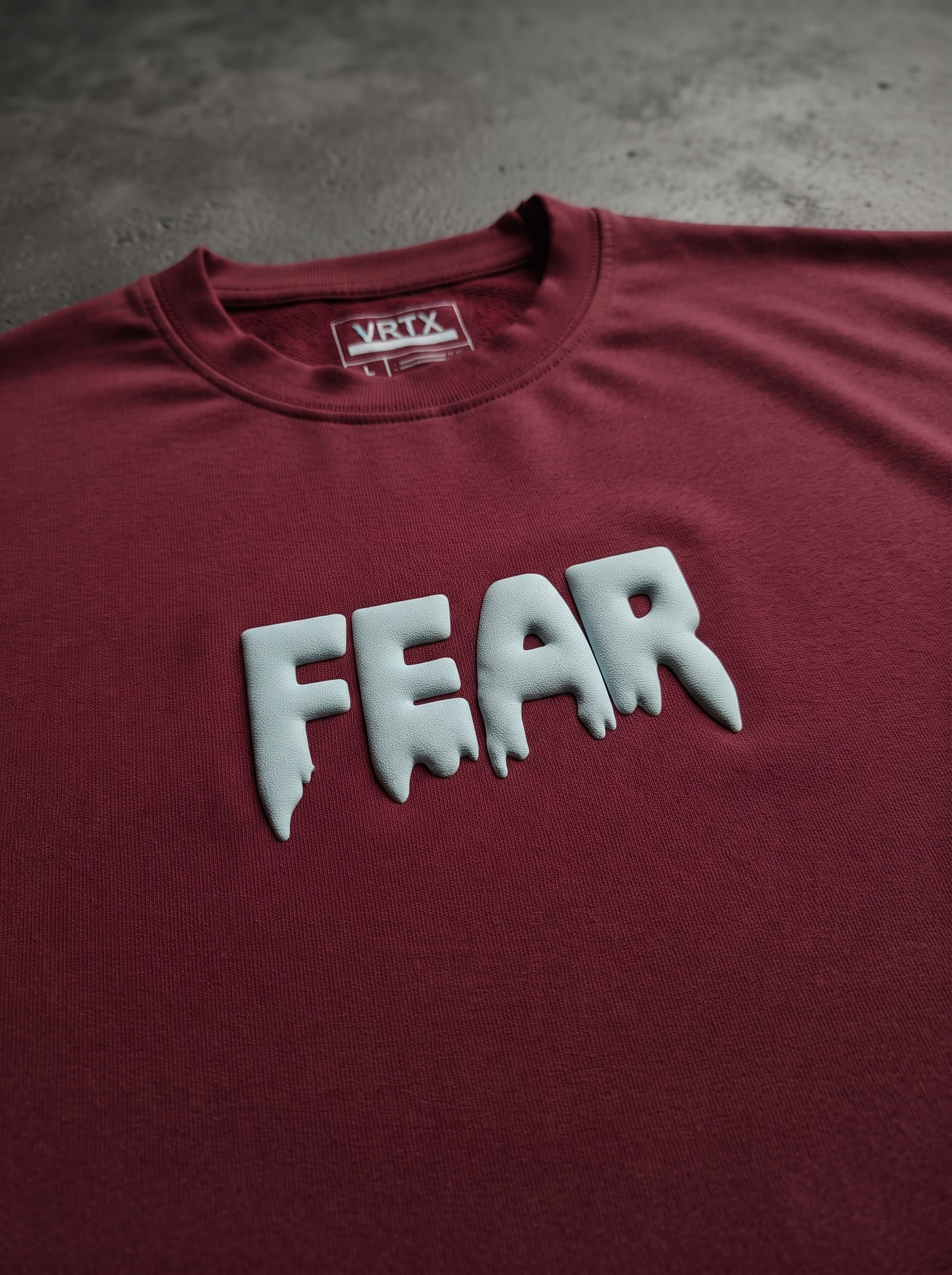 Premium thick puff printing texture on VRTX streetwear t-shirt